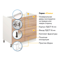 Комплект для кухни: Тумба - подстолье Стиль 80, дуб сонома (к-т: мойка правосторонняя, гофрированный отвод, крепления)