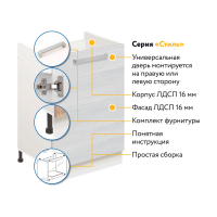 Комплект для кухни: Тумба - подстолье Стиль 50х50, бодега белая (в комплекте с мойкой, гофрированным отводом и креплениями)